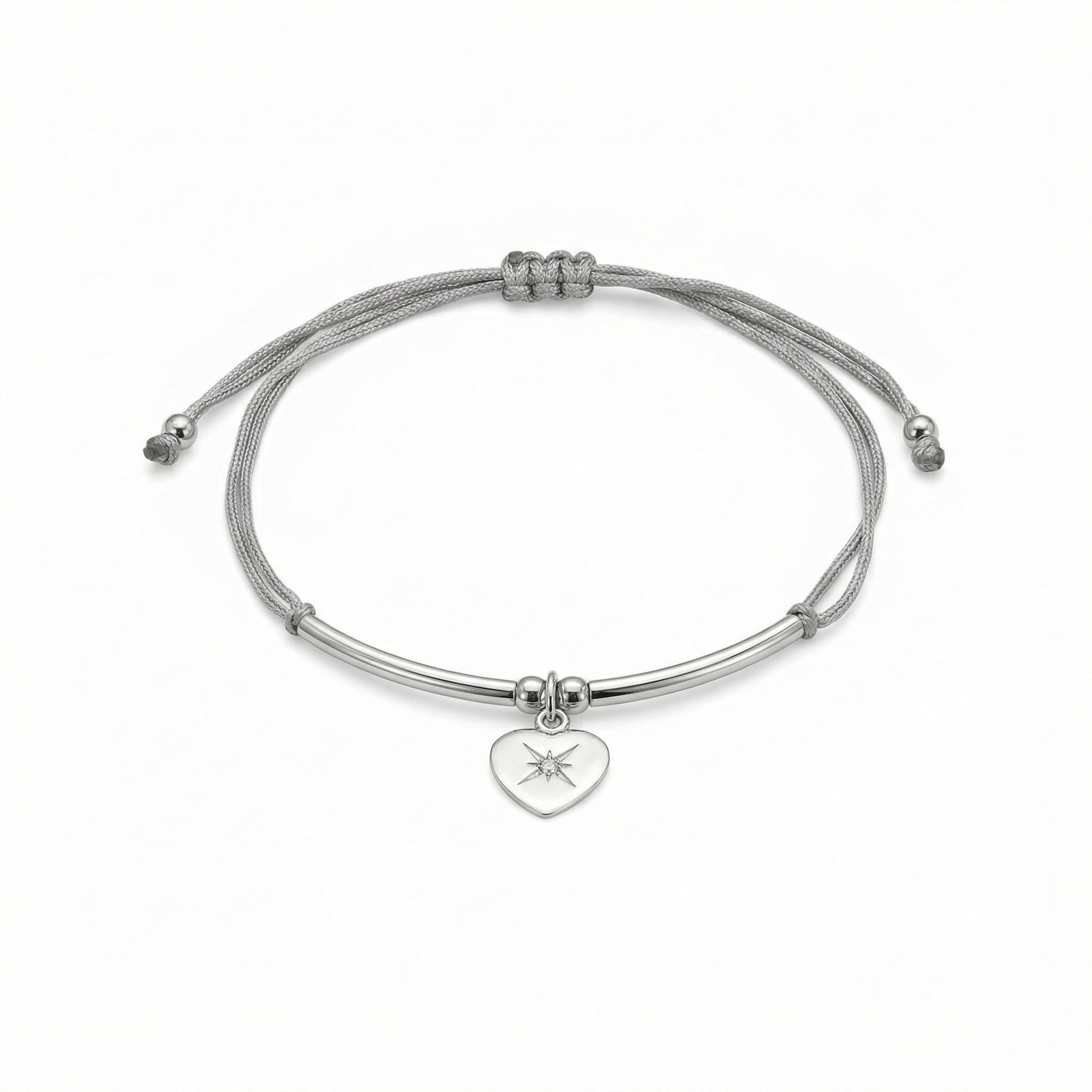 Sterling Silver North Star Heart Bracelet – Adjustable Grey Cord Friendship Jewelry
