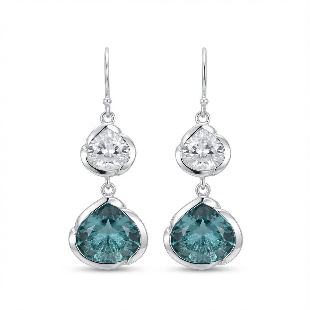 Blue Lotus Dangle Earrings in Sterling Silver with Sky Blue and White Topaz