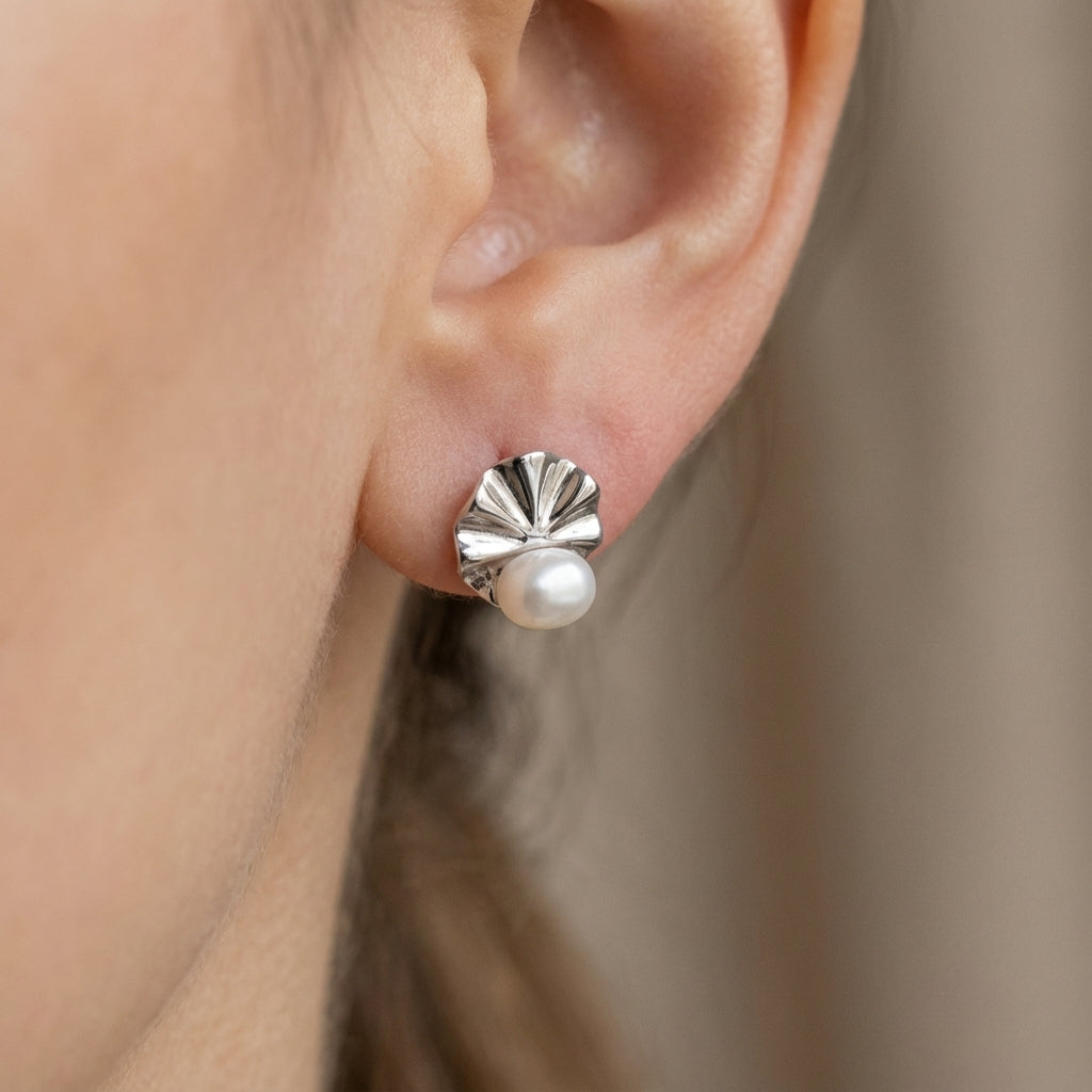 Rhodium Silver Shell Stud Earrings with Freshwater Pearl Accent