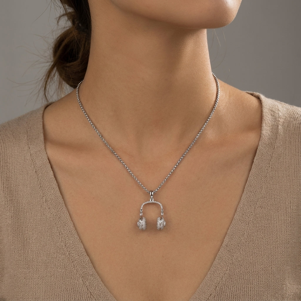 Iced DJ Headphone Pendant in 925 Sterling Silver with CZ Detailing