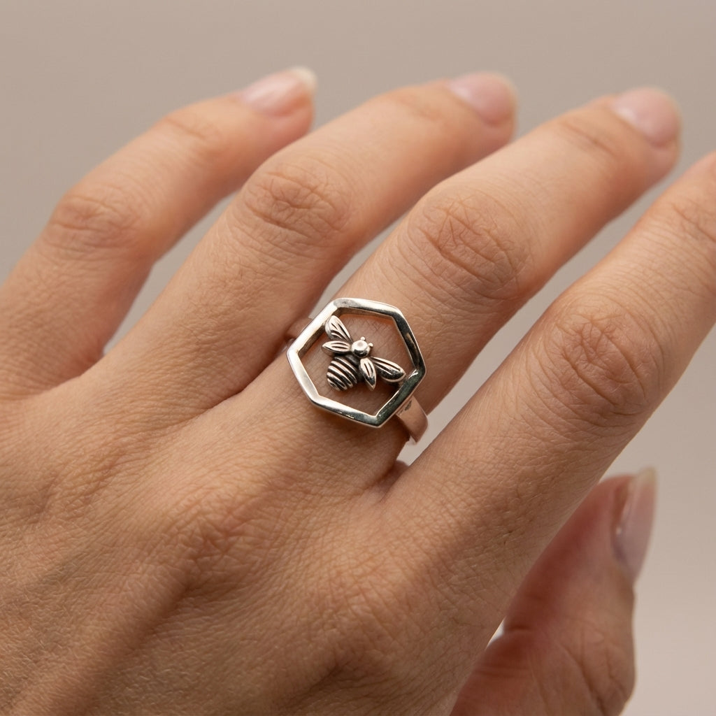 Handcrafted Hexagon Bee Unisex Ring in Oxidized Sterling Silver