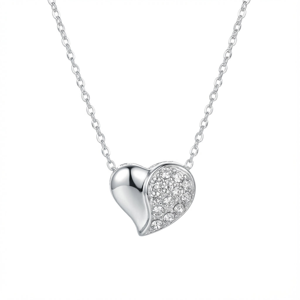 Dual Heart sterling silver Necklace heart-shaped necklace with pave stones on one side over white background
