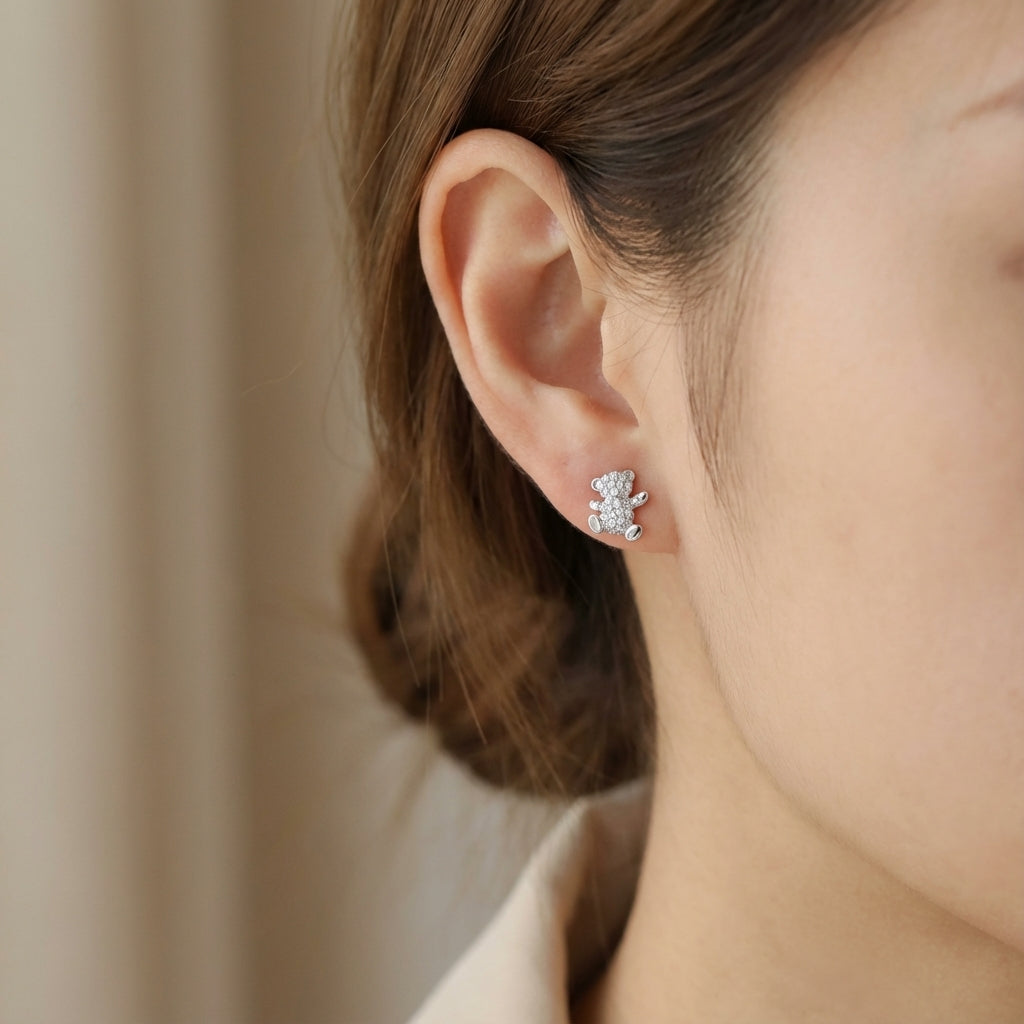 Pavé Teddy Bear Silver Stud Earrings in Sterling