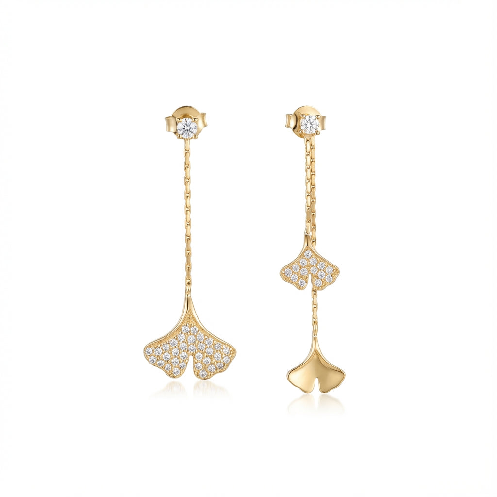 Folia Lucida Ginkgo Leaf Drop Earrings in 925 Sterling Silver – Rhodium & 18K Gold