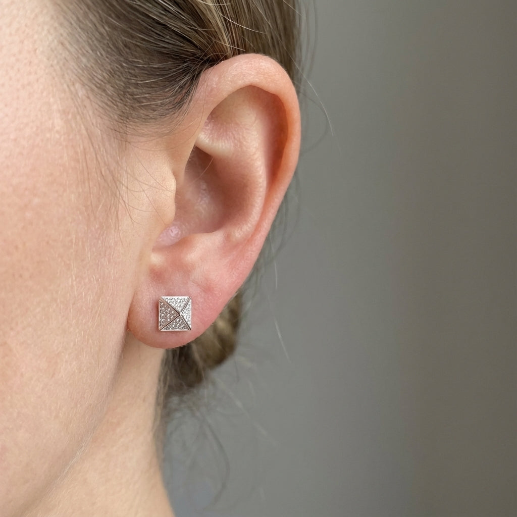 Sterling Silver Pyramid Stud Earrings with Cubic Zirconia