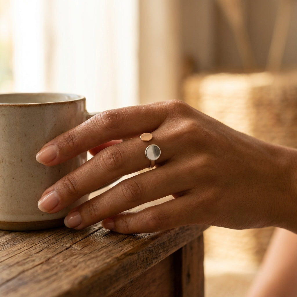 Two Tone Open Circle Ring for Women Modern Minimal Silver and Rose Gold Design