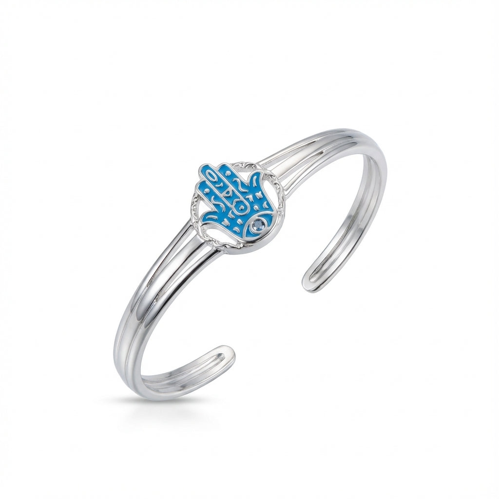 Protective Hamsa Enamel Cuff Bracelet in Sterling Silver – Teal Opal & Azure Topaz