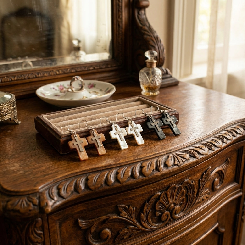 أقراط متدلية على شكل صليب من الصدف الطبيعي من الفضة عيار 925 - أبيض، أسود، برونزي