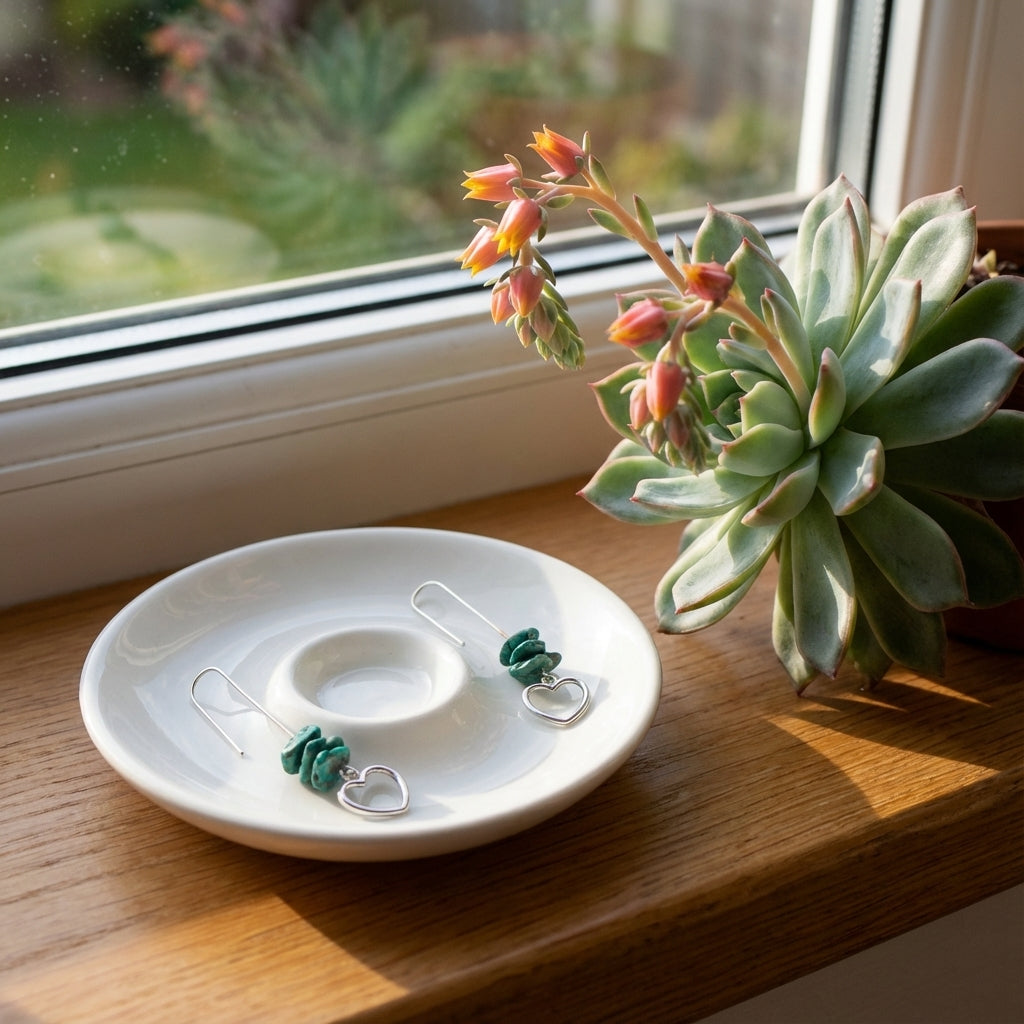 أقراط متدلية على شكل قلب من الفيروز مصنوعة من الفضة الإسترليني مع أحجار طبيعية