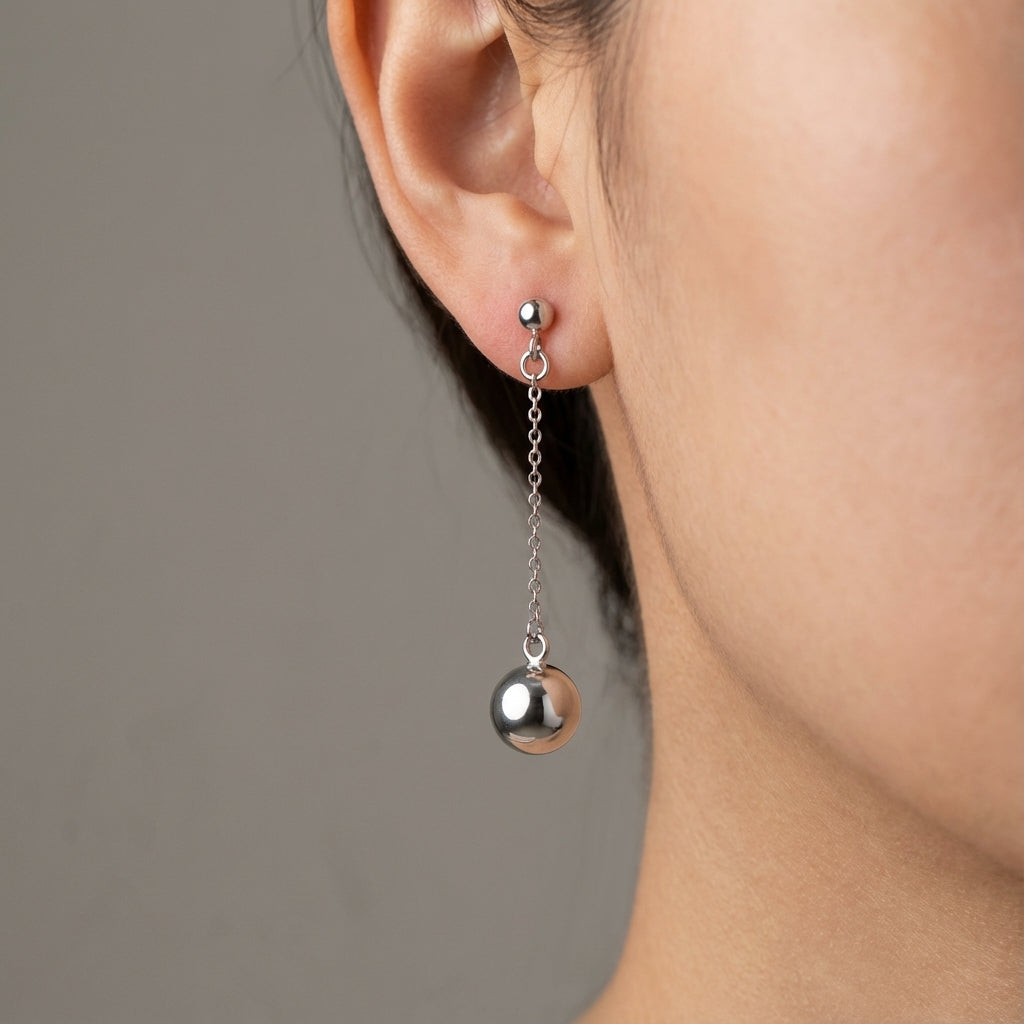 Sterling Silver Chain Drop Earrings with Polished Sphere Modern Style