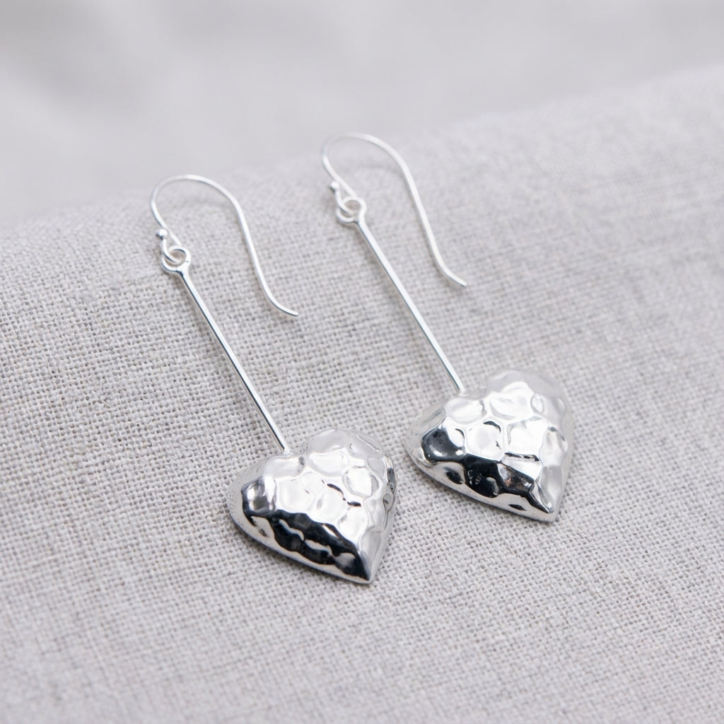 Hammered Sterling Silver Heart Earrings Long Drop Minimal Style