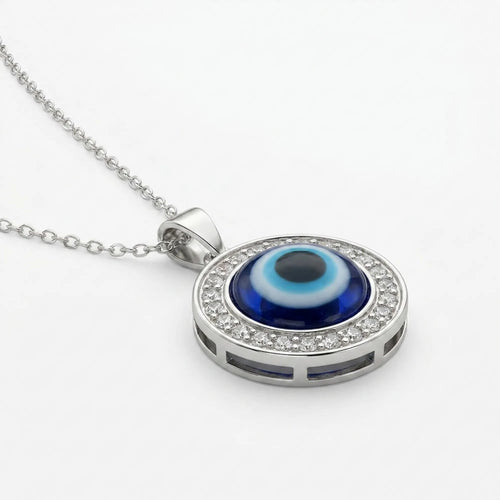 Angle display of Silver necklace with an eye-shaped pendant on a white background