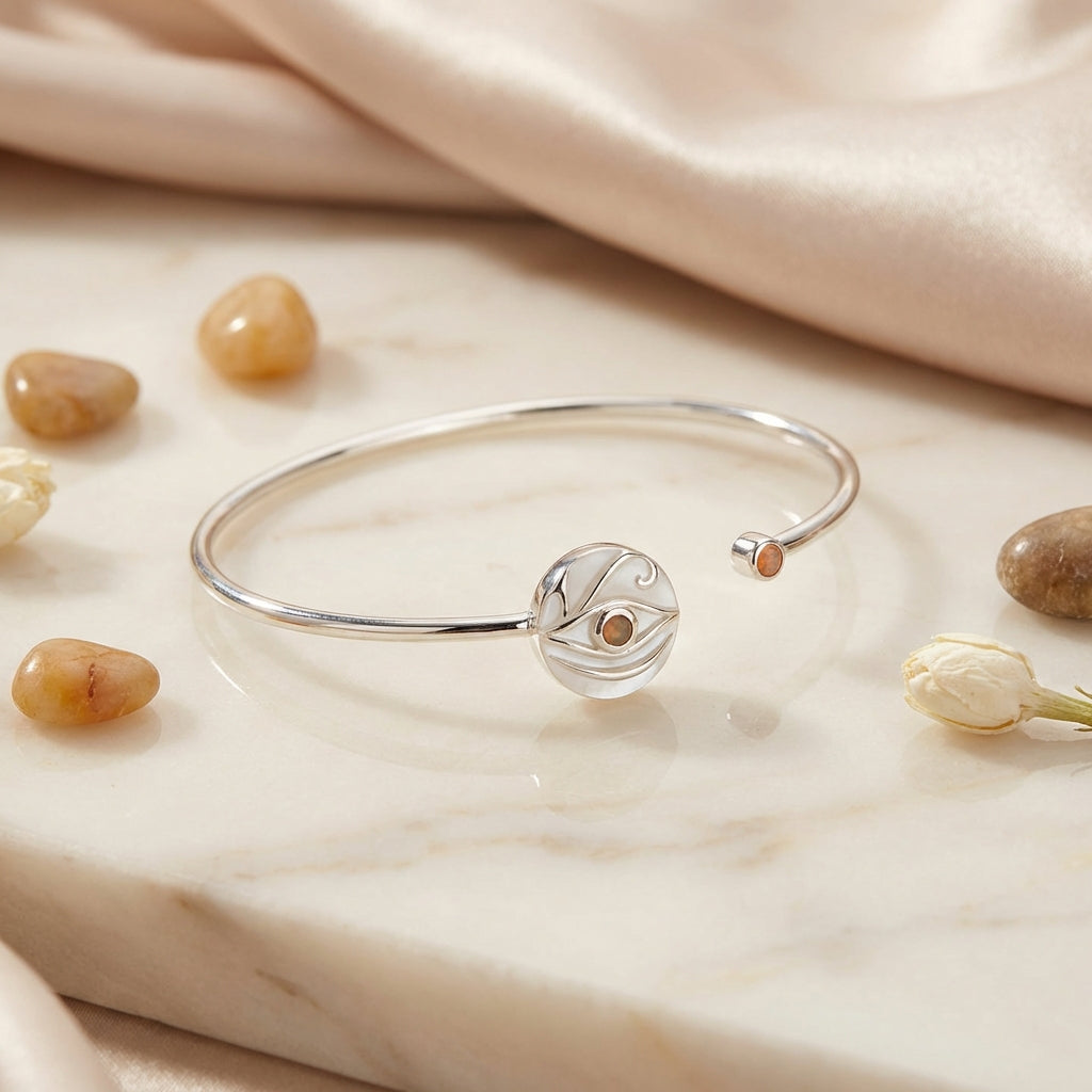 925 Sterling Silver Enamel Evil Eye Cuff Bangle - Peridot, Dual Opal & Sky-Blue Topaz