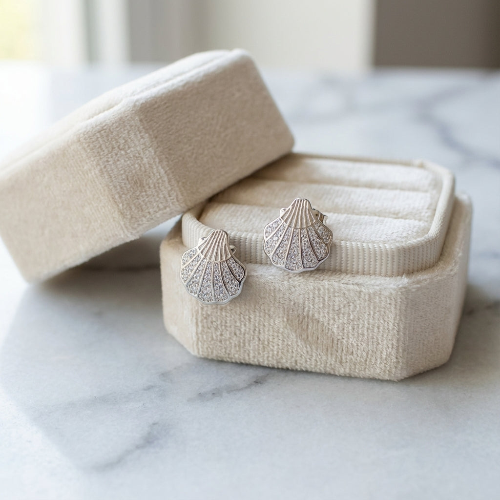 Pavé Silver Shell Stud Earrings in Rhodium Finish