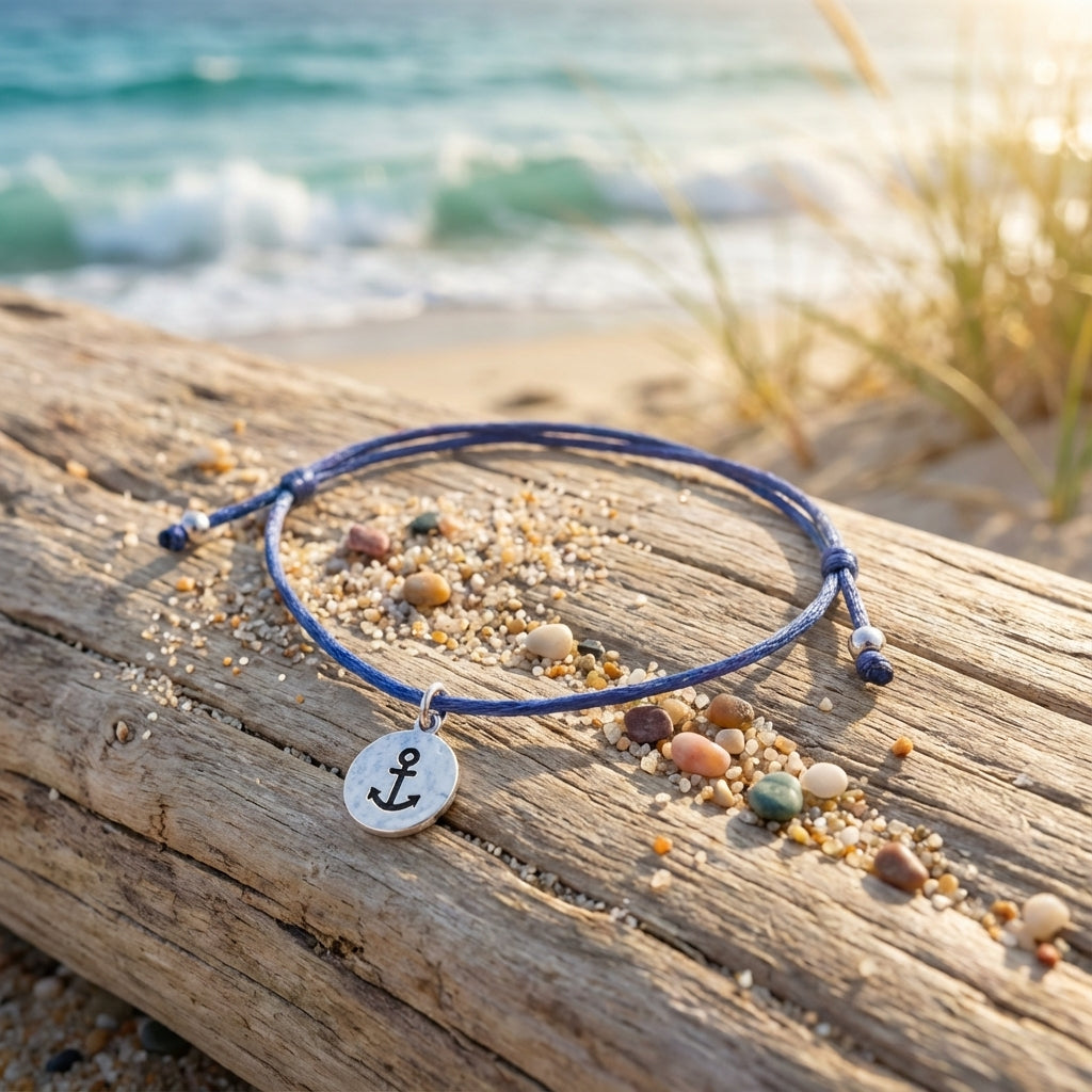 Anchor Charm Bracelet in Navy Mauve Silk Cord