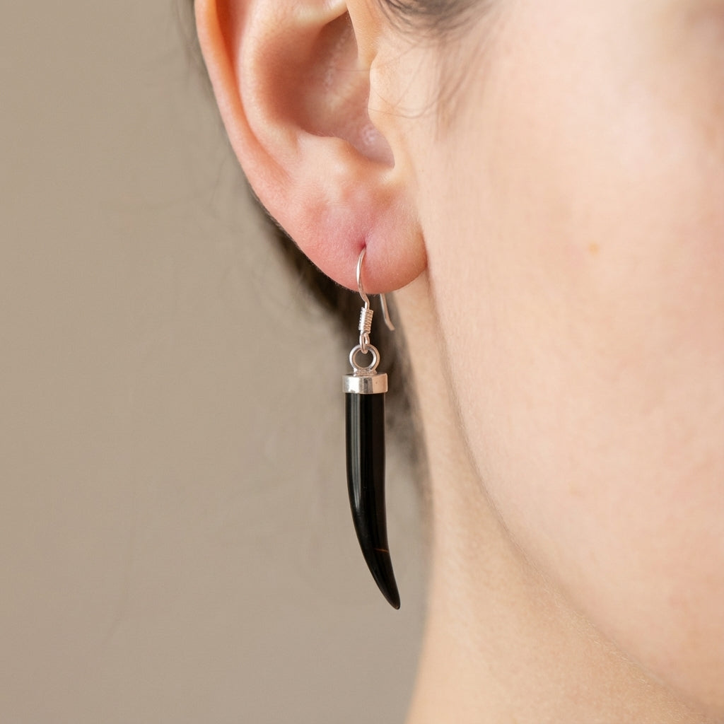 Sterling Silver Horn Dangle Earrings - Green Aventurine, Black Onyx and Mother of Pearl