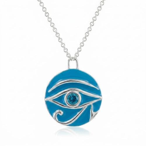 round silver pendant with azure blue enamel and central sky blue topaz stone on a fine chain
