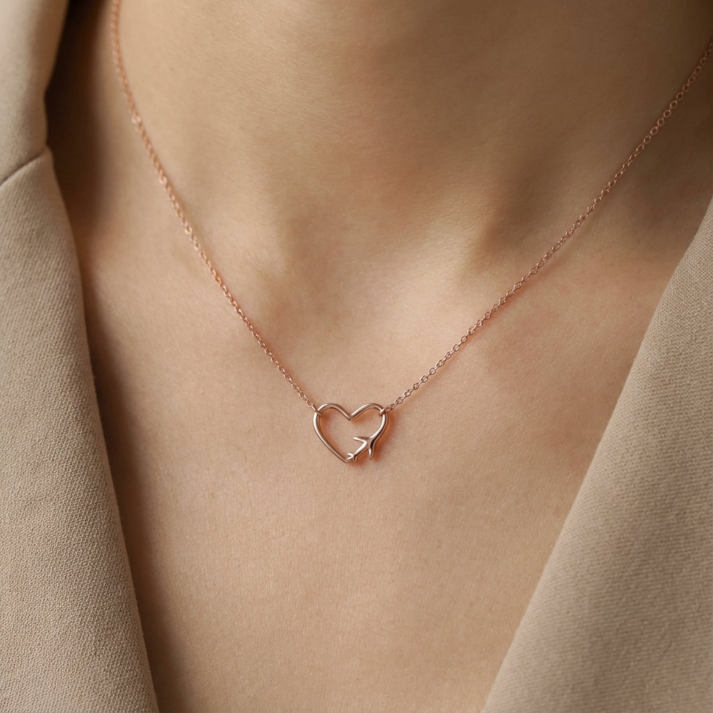 Flightline Heart Rose Gold Airplane Necklace in 925 Sterling Silver