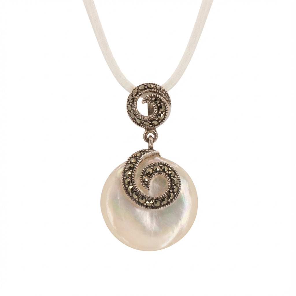 Mother of Pearl & Marcasite Swirl Necklace – Vintage Silver Coin Pendant
