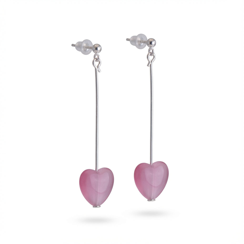 أقراط متدلية على شكل قلب وردي مثلج من الفضة الإسترليني بتصميم بسيط