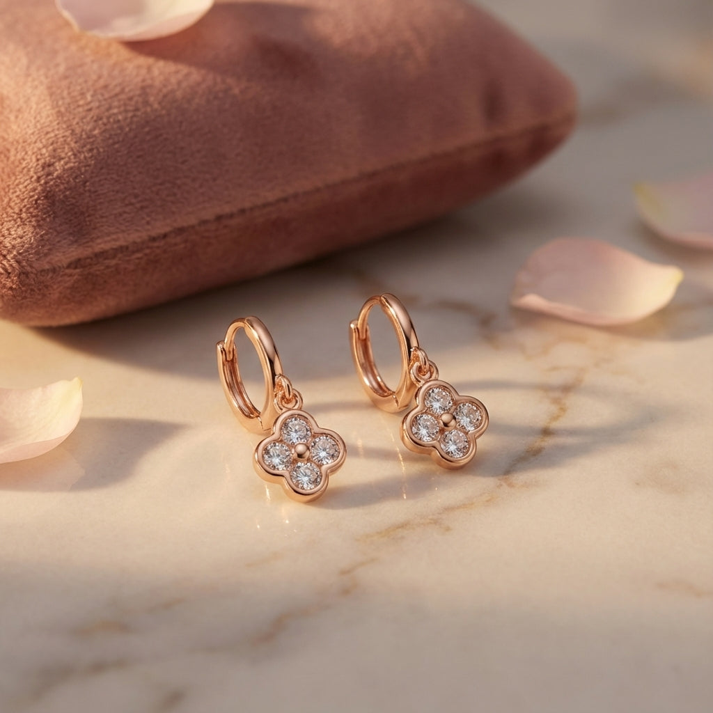 Four Leaf Clover Huggie Hoop Earrings in 925 Silver | Silver, Gold, Rose Gold