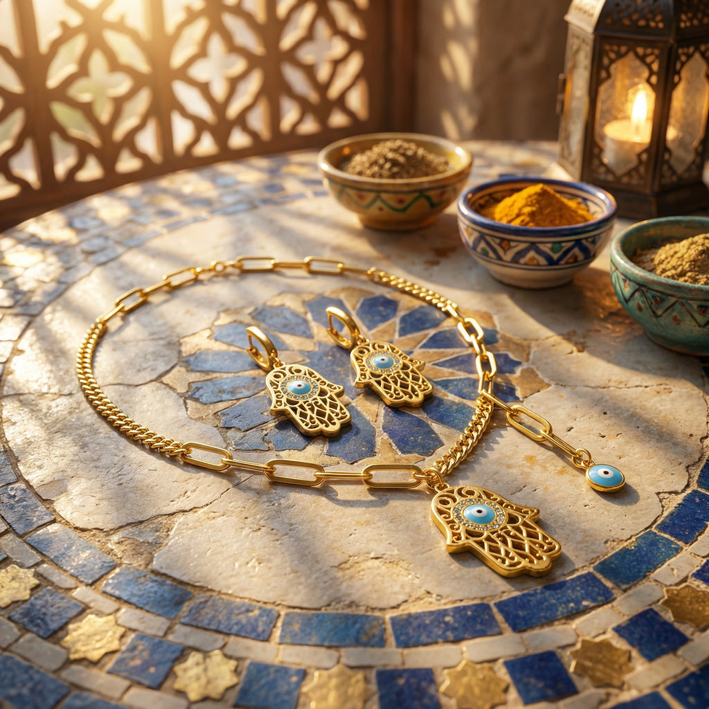 Gold-Plated Hamsa Necklace & Earrings Set – Sterling Silver Double Protection Jewelry