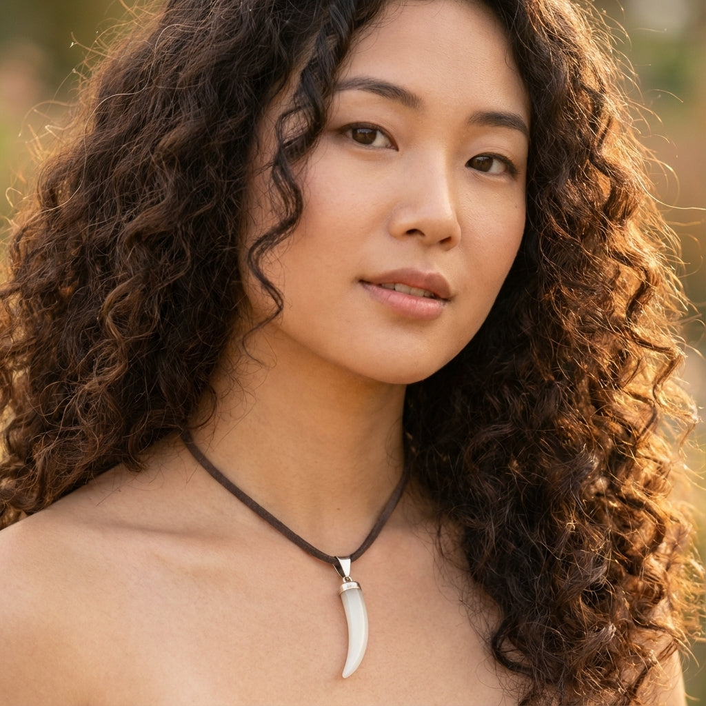 قلادة من الفضة الإسترلينية مع قرن من عرق اللؤلؤ وقلادة جلدية بوهيمية