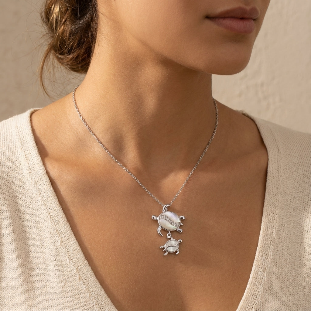 Mother & Baby Sea Turtle Necklace in Sterling Silver