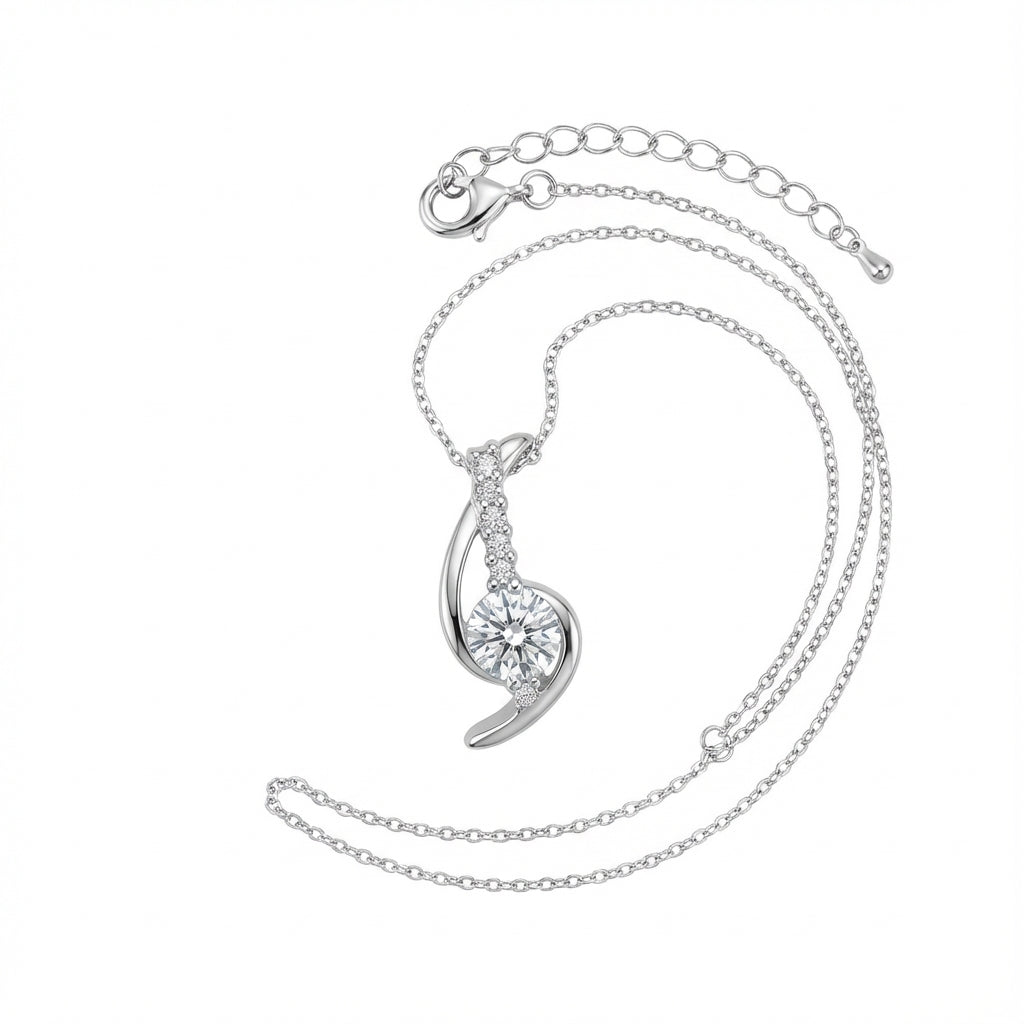 Wave Light Curved Silver Necklace with Pavé Zirconia Accent
