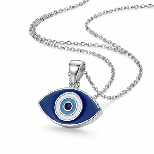 925 silver almond evil eye pendant featuring deep-blue enamel and rhodium plating, a protection gift in Dubai.