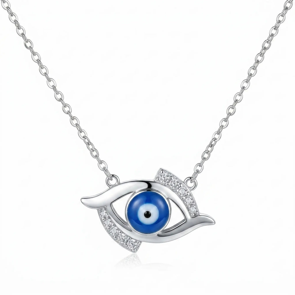 925 silver blue evil eye necklace with modern elongated eye design, blue enamel, and cubic zirconia in dubai.