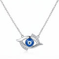 925 silver blue evil eye necklace with modern elongated eye design, blue enamel, and cubic zirconia in dubai.