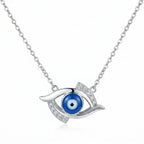 925 silver blue evil eye necklace with modern elongated eye design, blue enamel, and cubic zirconia in dubai.
