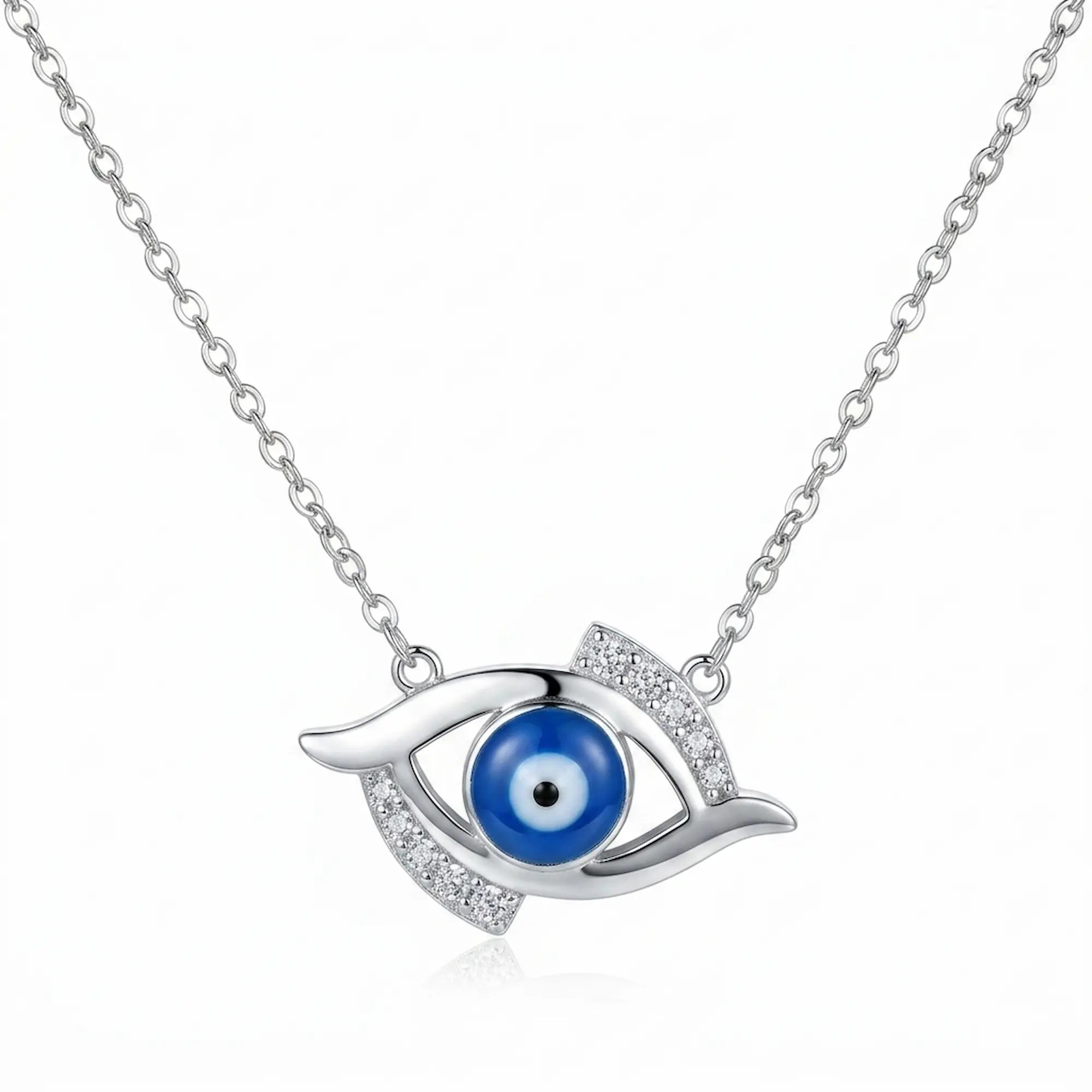 925 silver blue evil eye necklace with modern elongated eye design, blue enamel, and cubic zirconia in dubai.