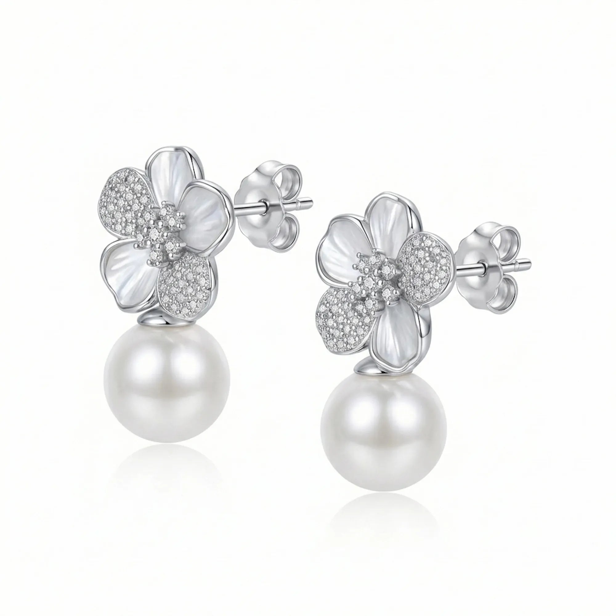 Tilted perspective revealing the depth and curved petals of 925 silver botanical jewelry.