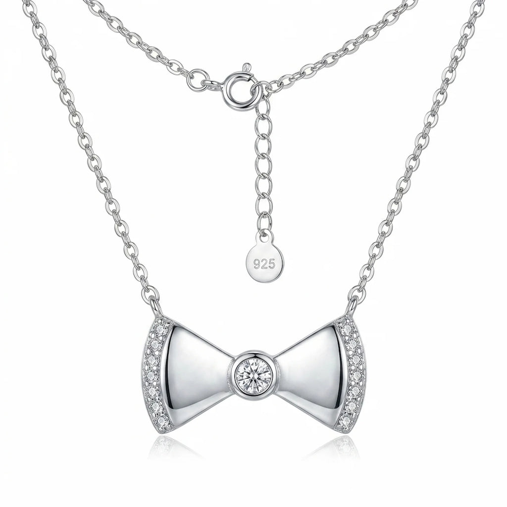Studio display of a 925 sterling silver bow necklace with a center cubic zirconia, featured for shoppers in Dubai.