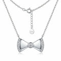 Studio display of a 925 sterling silver bow necklace with a center cubic zirconia, featured for shoppers in Dubai.
