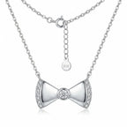 Studio display of a 925 sterling silver bow necklace with a center cubic zirconia, featured for shoppers in Dubai.