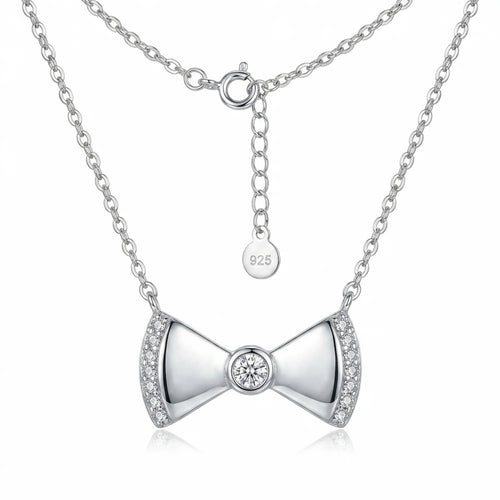 Studio display of a 925 sterling silver bow necklace with a center cubic zirconia, featured for shoppers in Dubai.