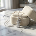 925 silver bunny pendant necklace in cubic zirconia resting on a jewelry box, a birthday gift in Dubai.