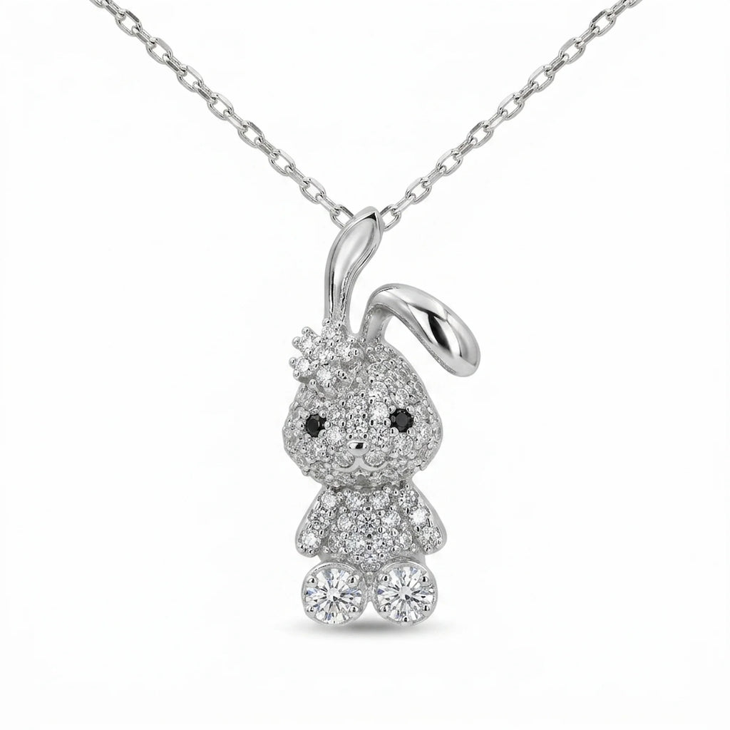 925 silver bunny pendant necklace pavé-set with clear and black cubic zirconia, a birthday gift in Dubai.