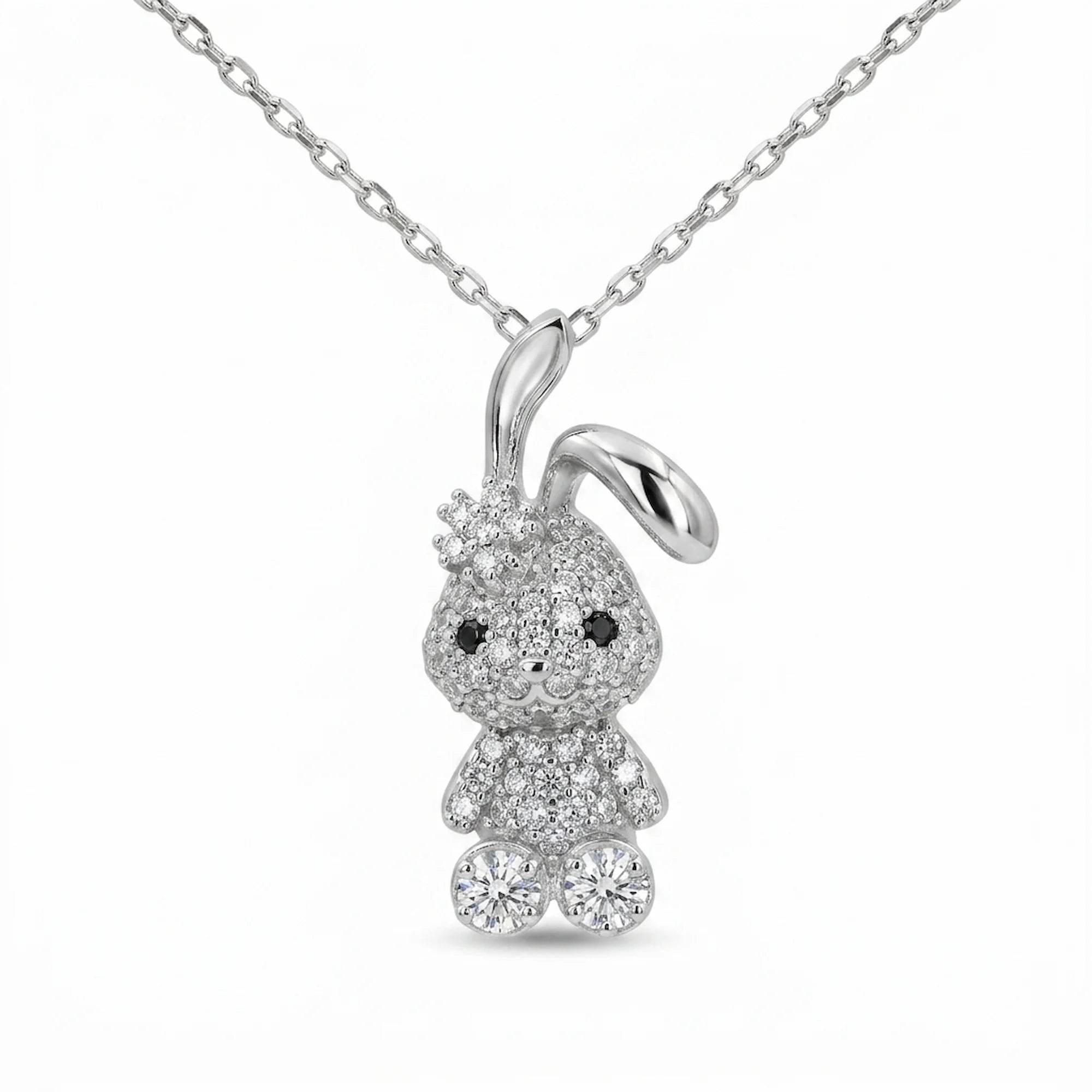 925 silver bunny pendant necklace pavé-set with clear and black cubic zirconia, a birthday gift in Dubai.