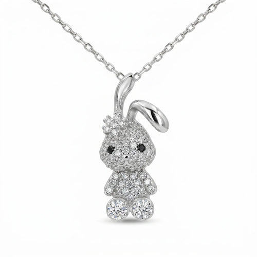 925 silver bunny pendant necklace pavé-set with clear and black cubic zirconia, a birthday gift in Dubai.