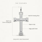 925 sterling silver cross pendant size infographic showing 60 × 31 mm, Made in Italy and high-polish finish.