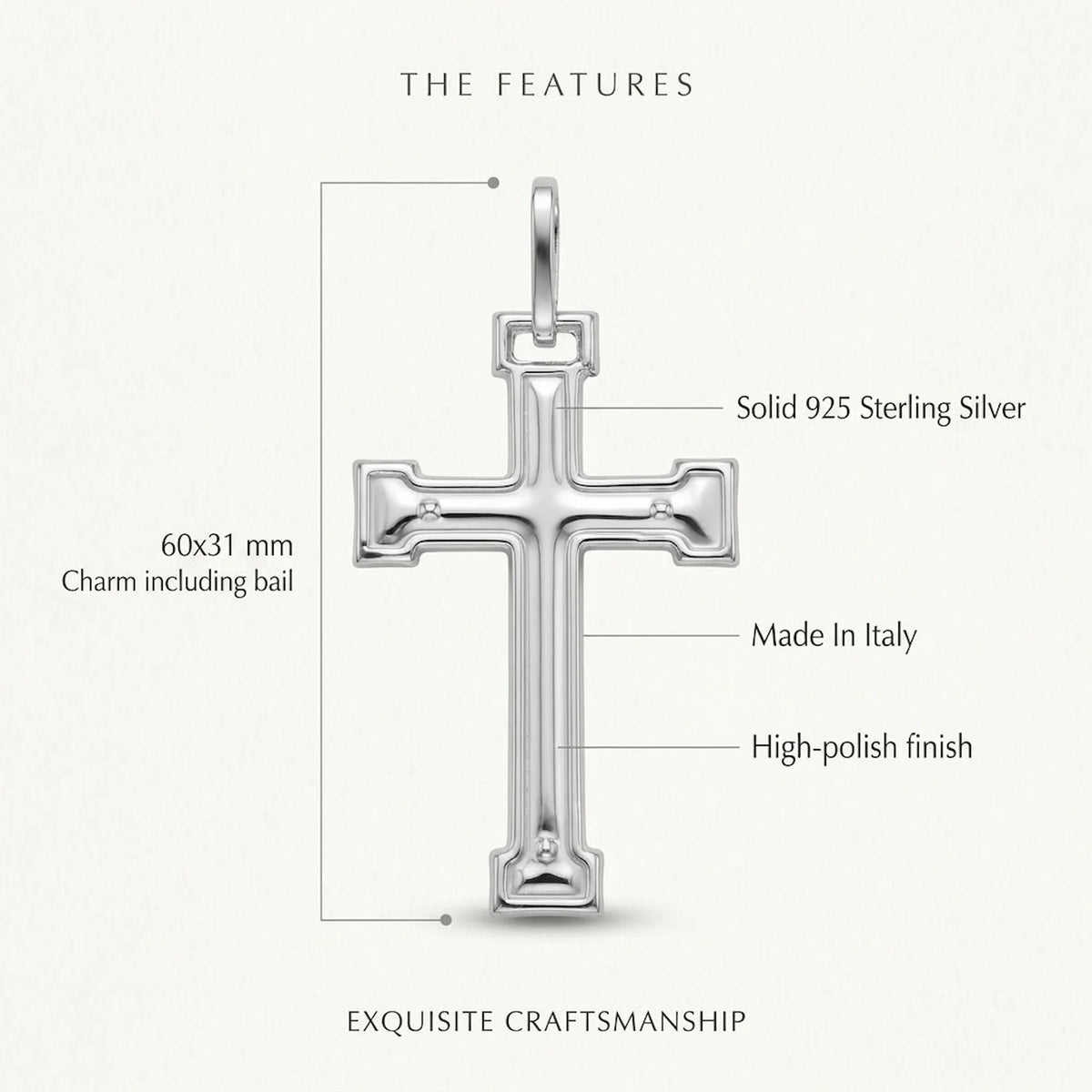 925 sterling silver cross pendant size infographic showing 60 × 31 mm, Made in Italy and high-polish finish.