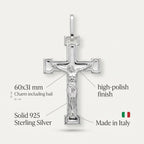 925 sterling silver crucifix pendant infographic showing 60 × 31 mm size and Made in Italy origin.