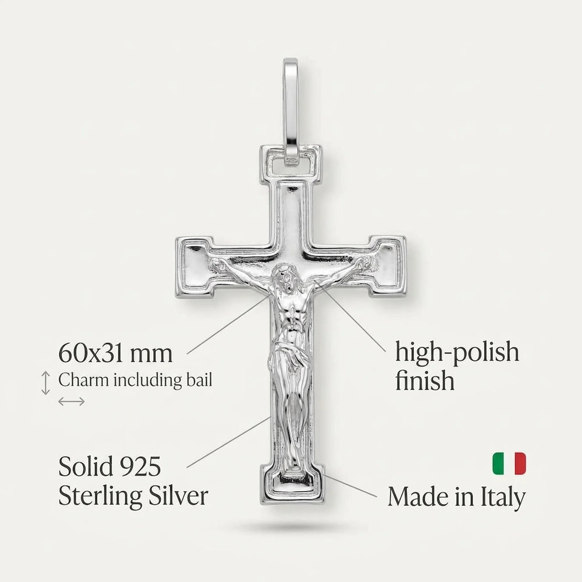 925 sterling silver crucifix pendant infographic showing 60 × 31 mm size and Made in Italy origin.