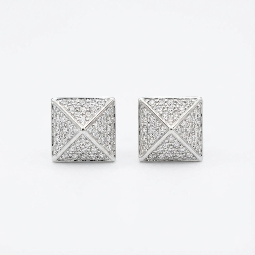 Pyramid CZ stud earrings in rhodium 925 silver — 6mm geometric form, micro-pavé CZ on all four faces, white background