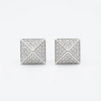Pyramid CZ stud earrings in rhodium 925 silver — 6mm geometric form, micro-pavé CZ on all four faces, white background