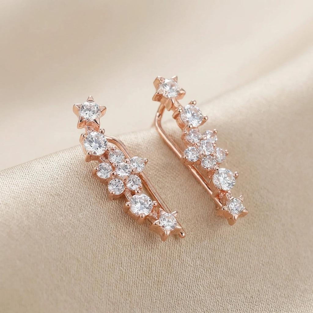 Close up macro shot revealing the bright polish craftsmanship and sparkling cubic zirconia stones of our 925 silver ear crawler.